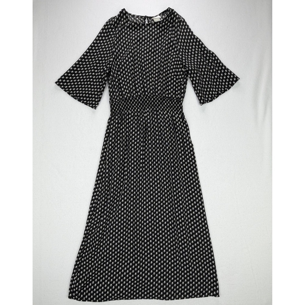 HM Women Black White Geometric Teardrop Print Viscose Midi Bell Sleeve Dress 4